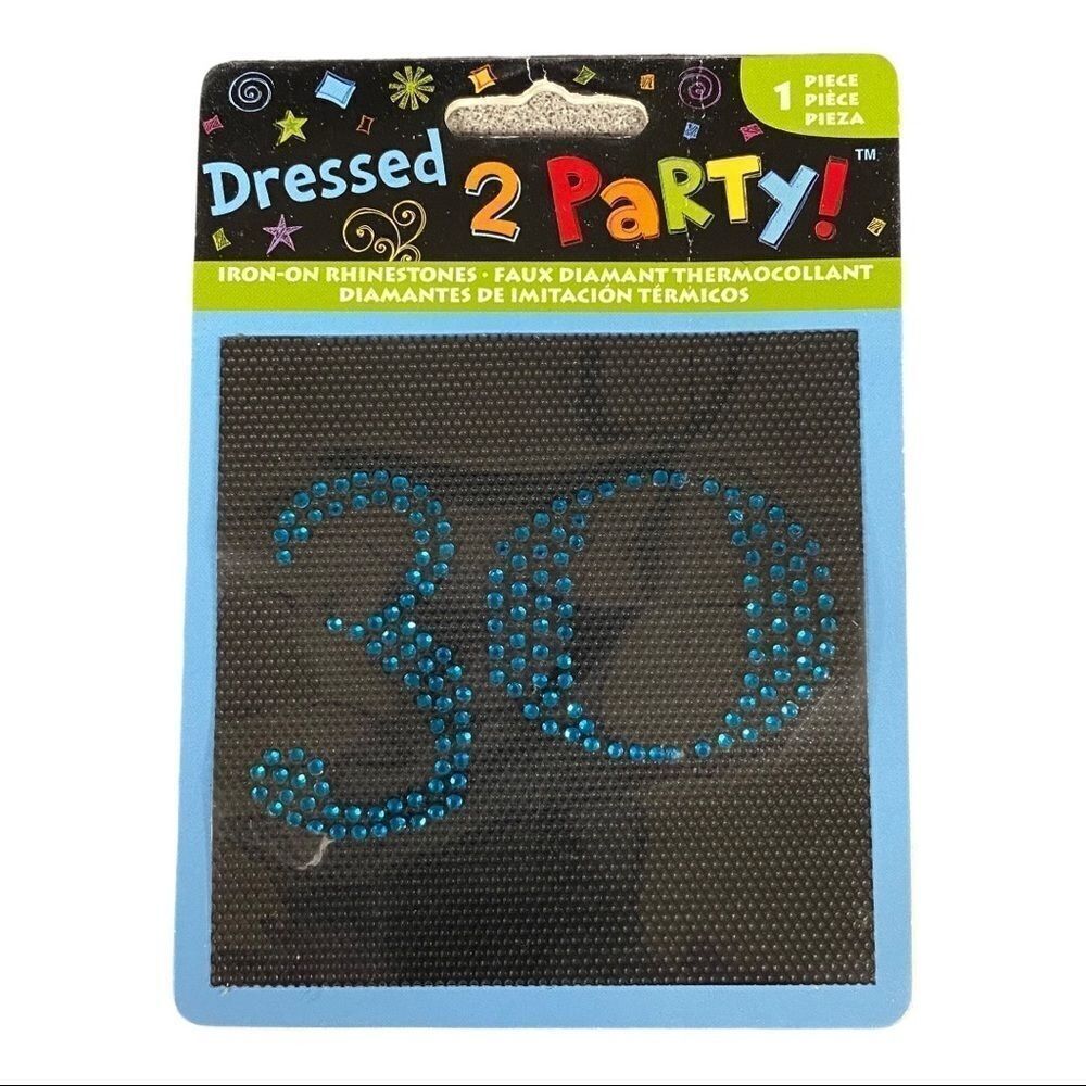 Dressed 2‎ Party "30" Blue Rhinestones Iron on 3x2"